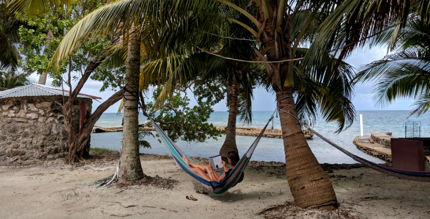 Volunteers relaxing in a hammock on the island