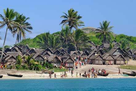 Wooden thatched huts by the beach with palm trees in the background