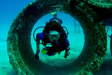 A volunteer tries a swim through