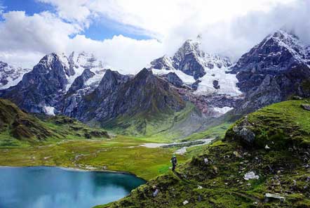 Snow covered mountains with lake below